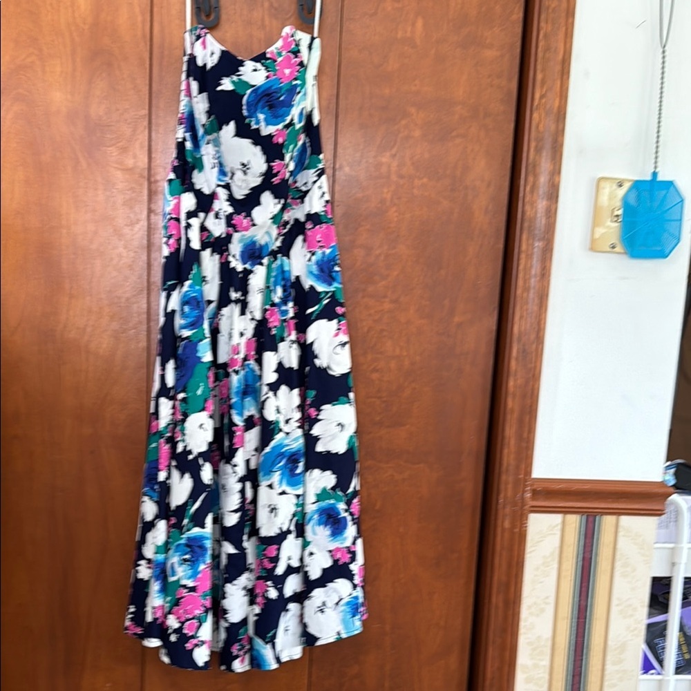 Pink and Blue Floral Midi Dress with Puff Sleeves H-17 - Picture 2 of 6